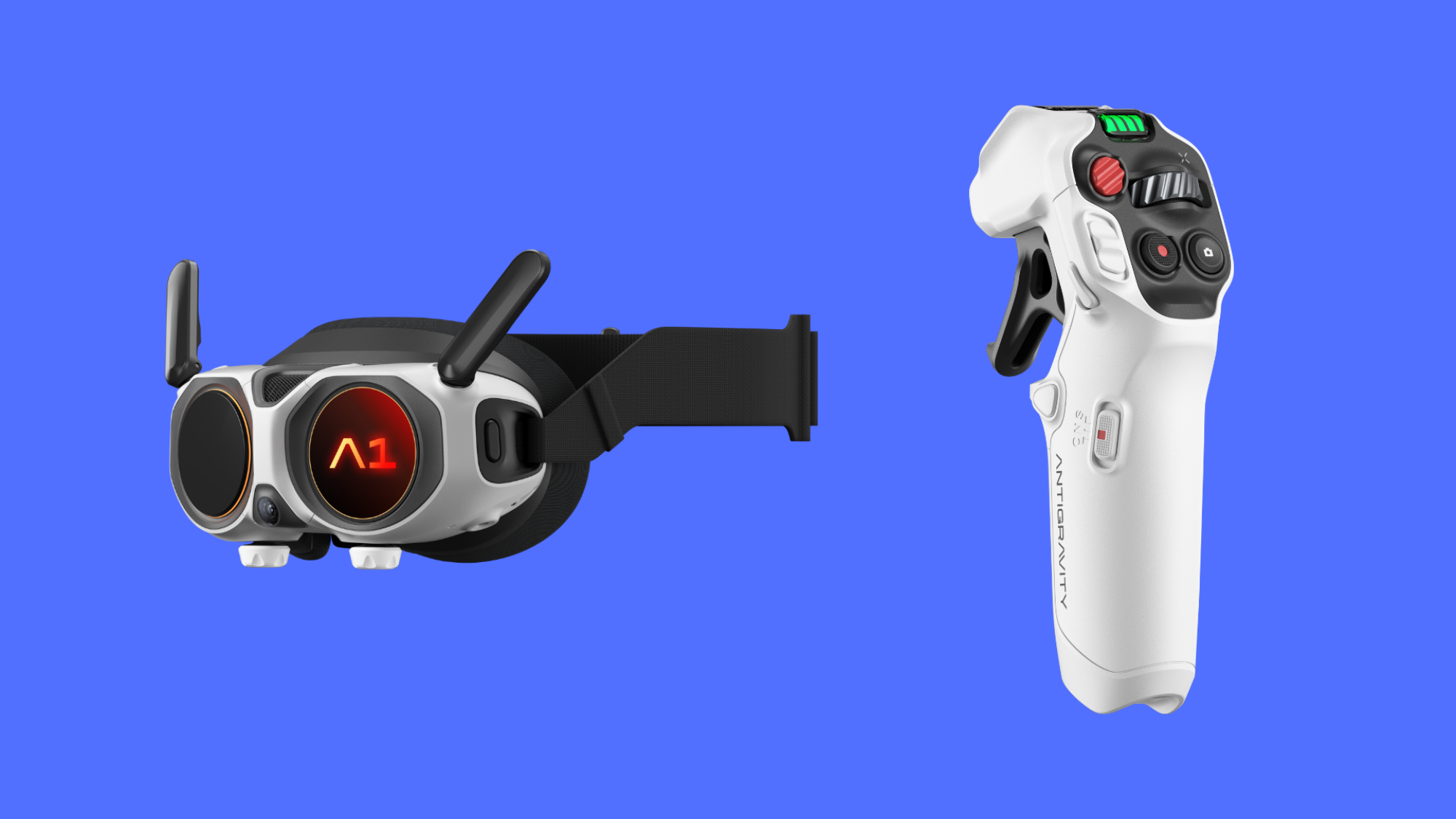 Antigravity's Vision goggles and Grip controller on a blue background.