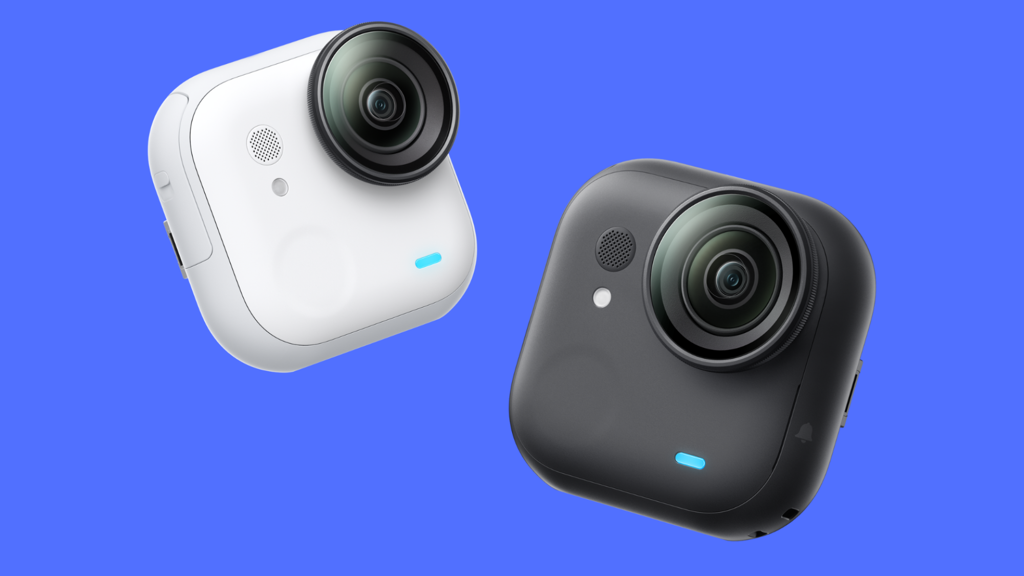 Two Insta360 GO Ultras in white and black on a blue background.