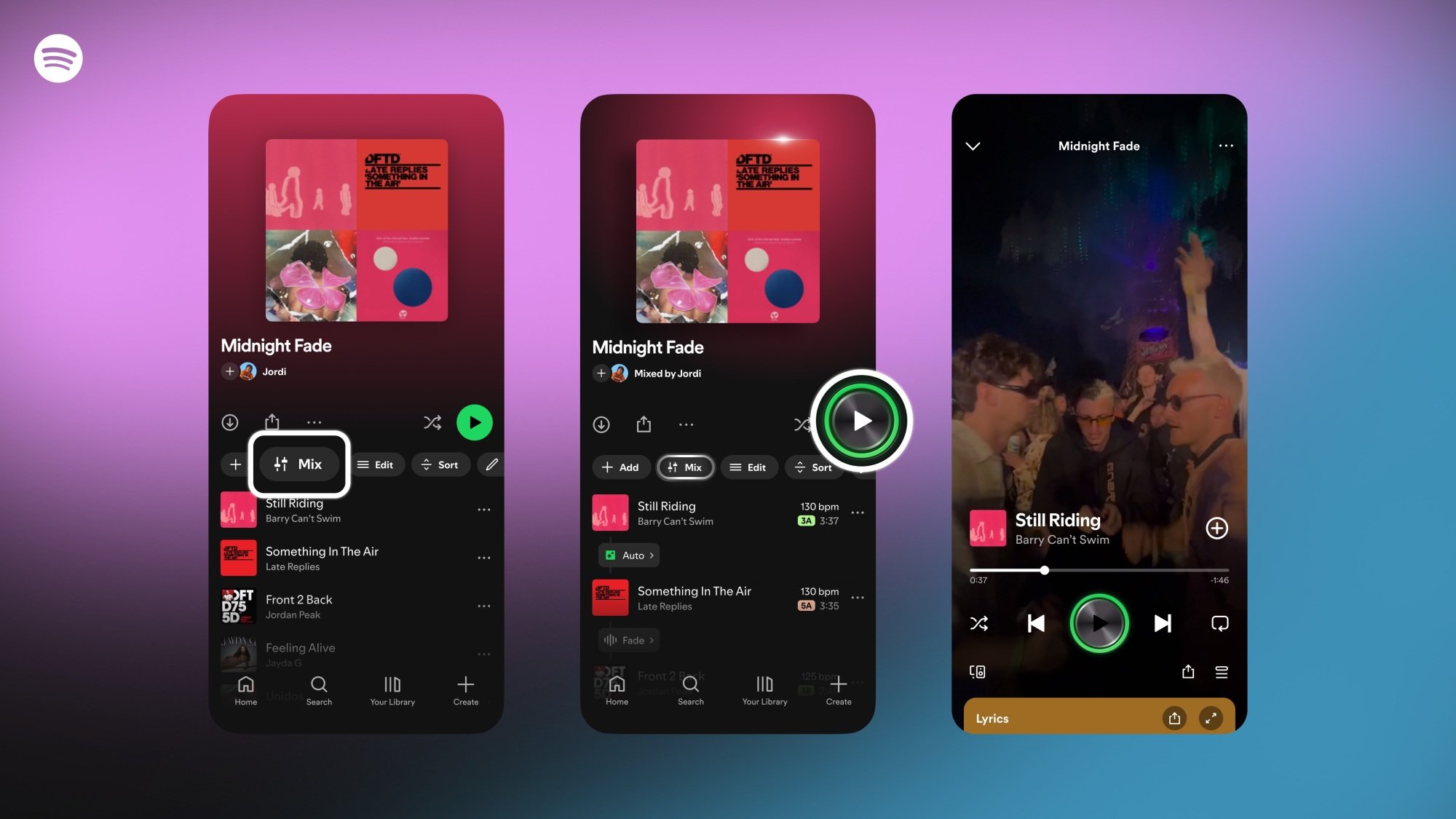 spotify mix feature on three different phone screens