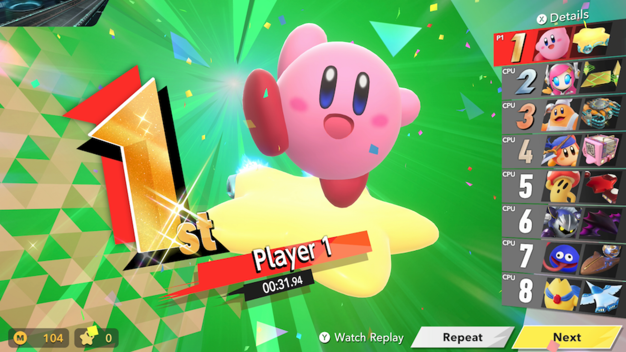 Victory screen in Kirby Air Riders