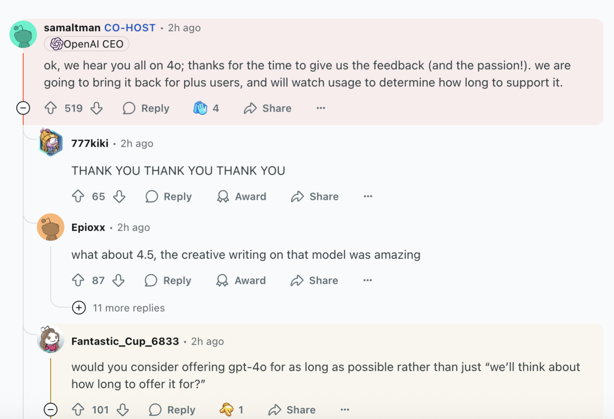 screenshot of reddit ama with sam altman