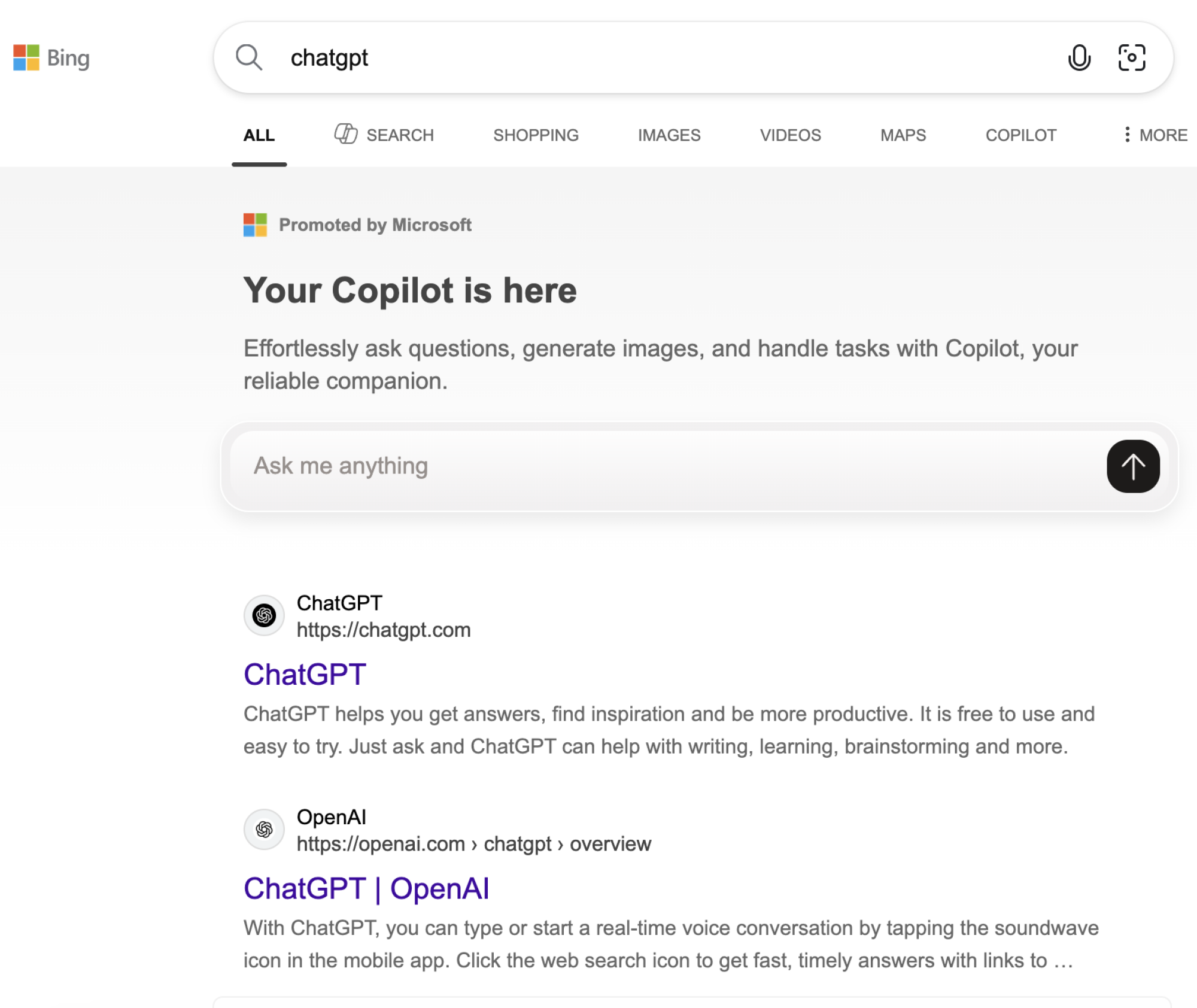 Microsoft's Bing search engine displaying results to "ChatGPT."