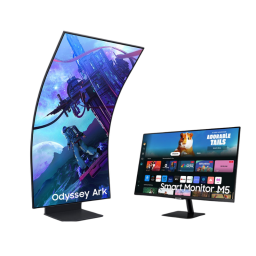 Samsung Odyssey Ark gaming monitor and smart monitor on white background