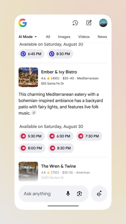 Google AI Mode showing a curated list of restaurant reservation options