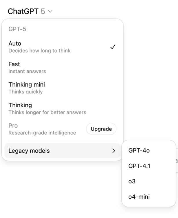 ChatGPT model options in the dropdown menu