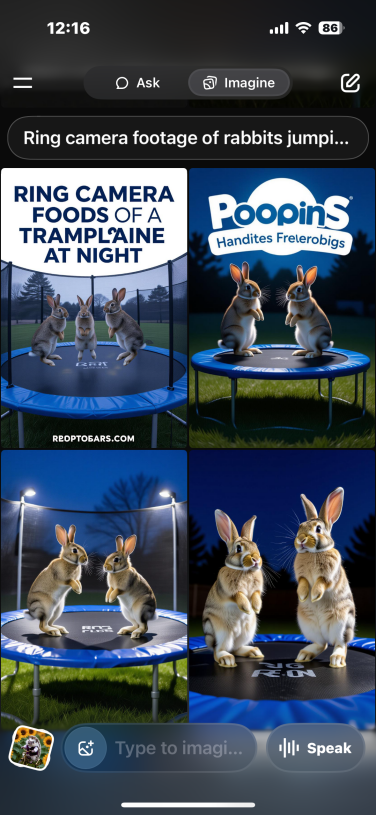 screenshot of grok app showing ai generated images of rabbits on trampolines