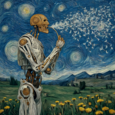 illustration of robot blowing dandelion seeds into the wind