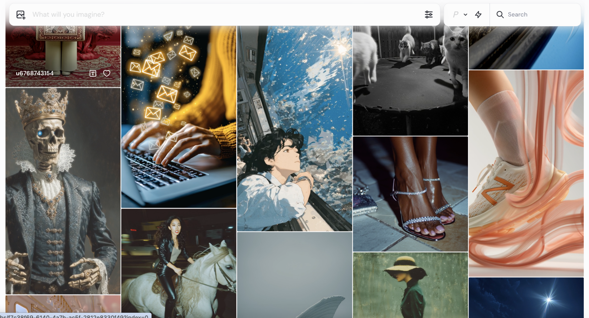 AI-generated images and videos from the Midjourney Explore feed.