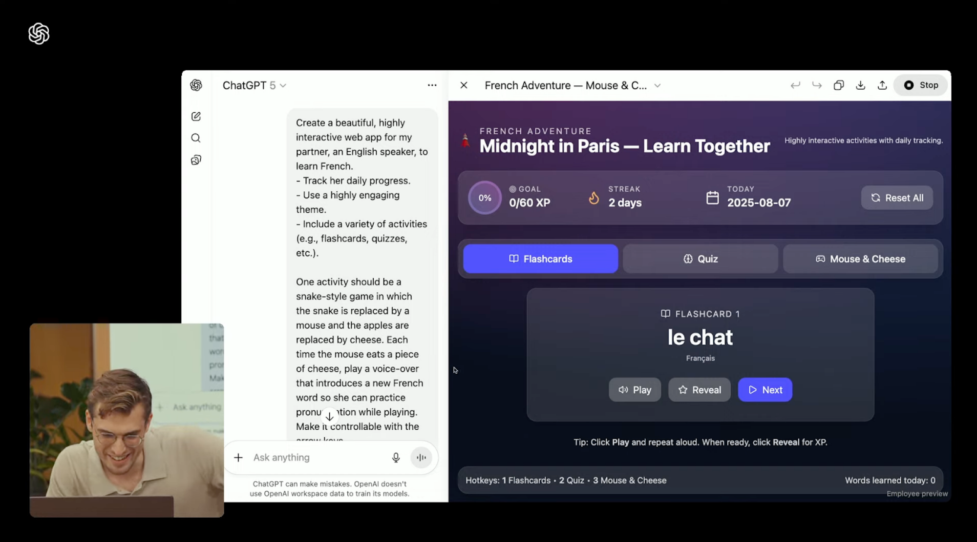 Screenshot of OpenAI's virtual demonstration of ChatGPT's coding capabilities. The demonstrator is showing a game they had the chatbot code for them that teaches french.