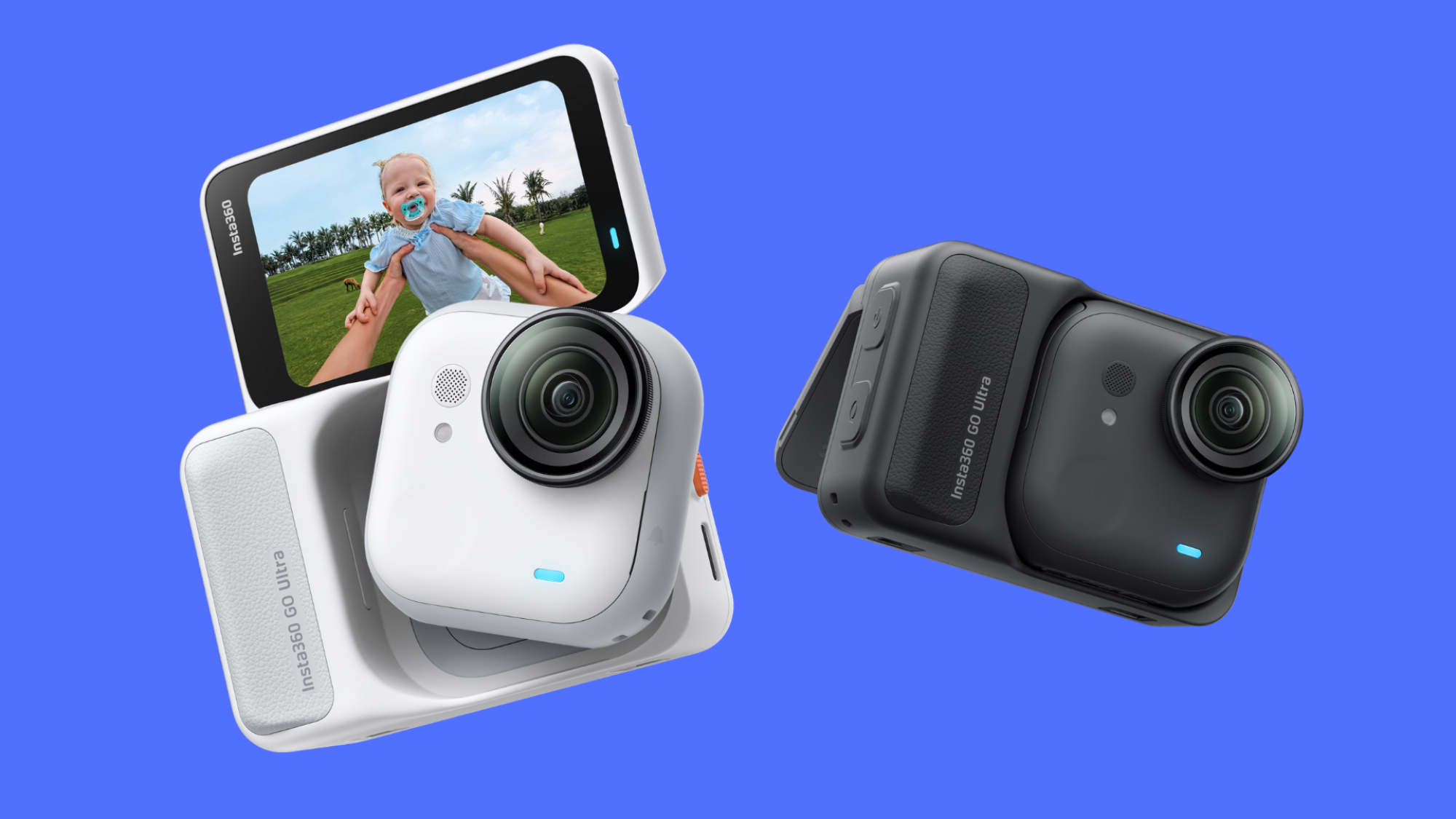Two Insta360 GO Ultras in white and black in their Action Pods on a blue background.