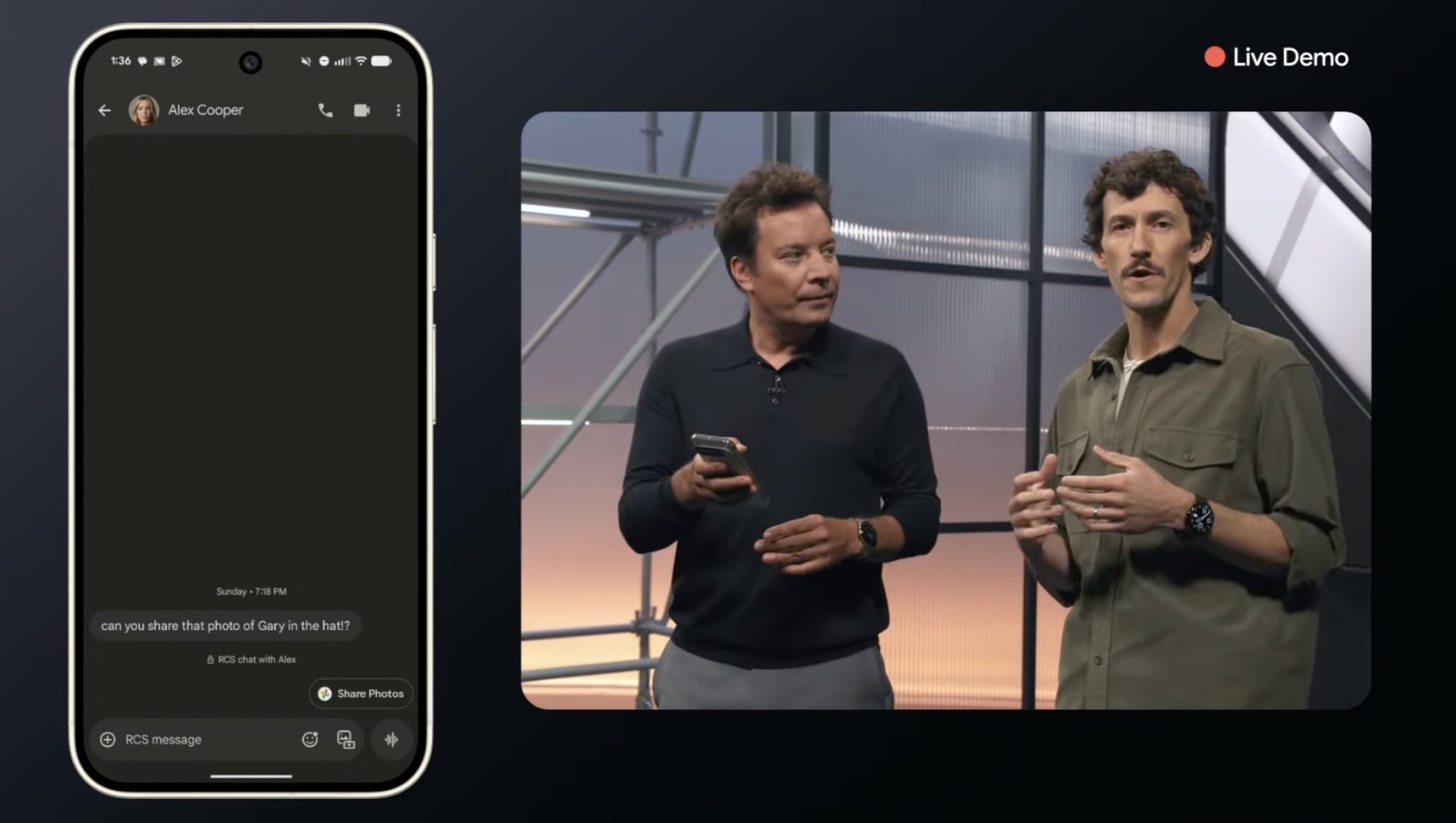 side by side screens of google pixel 10 showing a message of where to get dinner with the response generate by AI and Fallon and Google demo-er showing off the feature