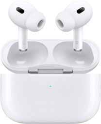 airpods pro 2 earbuds and a case against a white background