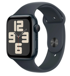 The Apple Watch SE 2nd Generation (GPS) 44mm Aluminum Case with Midnight Sport Band on a white background