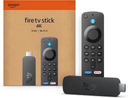 amazon 4k fire tv stick and box against a white background