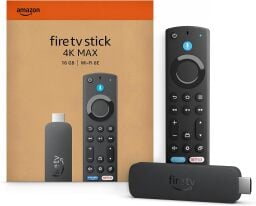 amazon fire tv stick 4k max and box against a white background