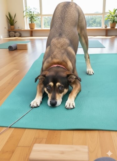 ai-generated image of dog doing downward dog pose in a yoga studip