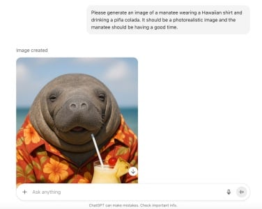 screenshot of ChatGPT app showing an ai-generated image of a manatee