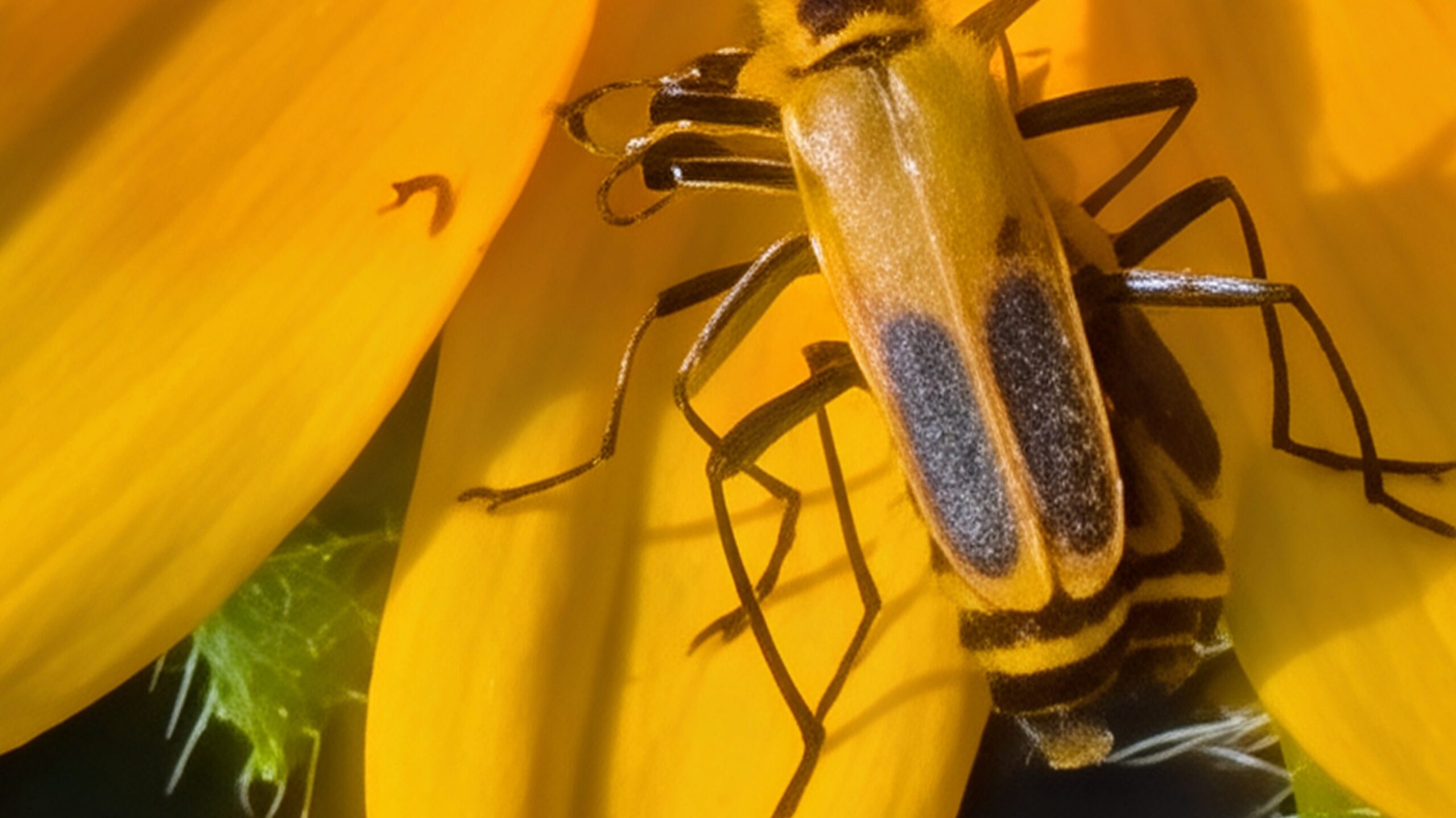100x zoom image of two insects on a yellow flower