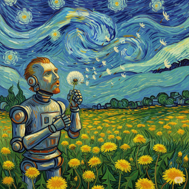 illustration of a van gogh robot blowing dandelion seeds into the wind
