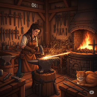 illustration of woman blacksmith at a forge