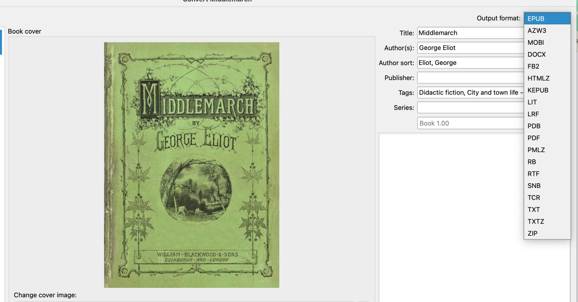 A picture of the Calibre app's conversion window.