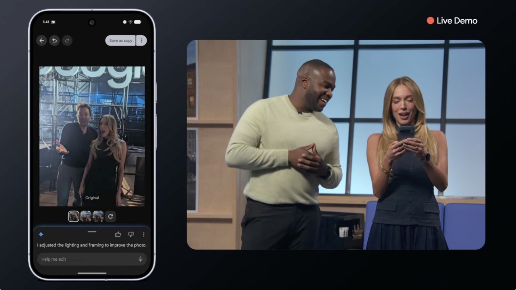 side by side screens of google's AI-edited photo with Alex Cooper and Google demo-er looking at the Pixel 10