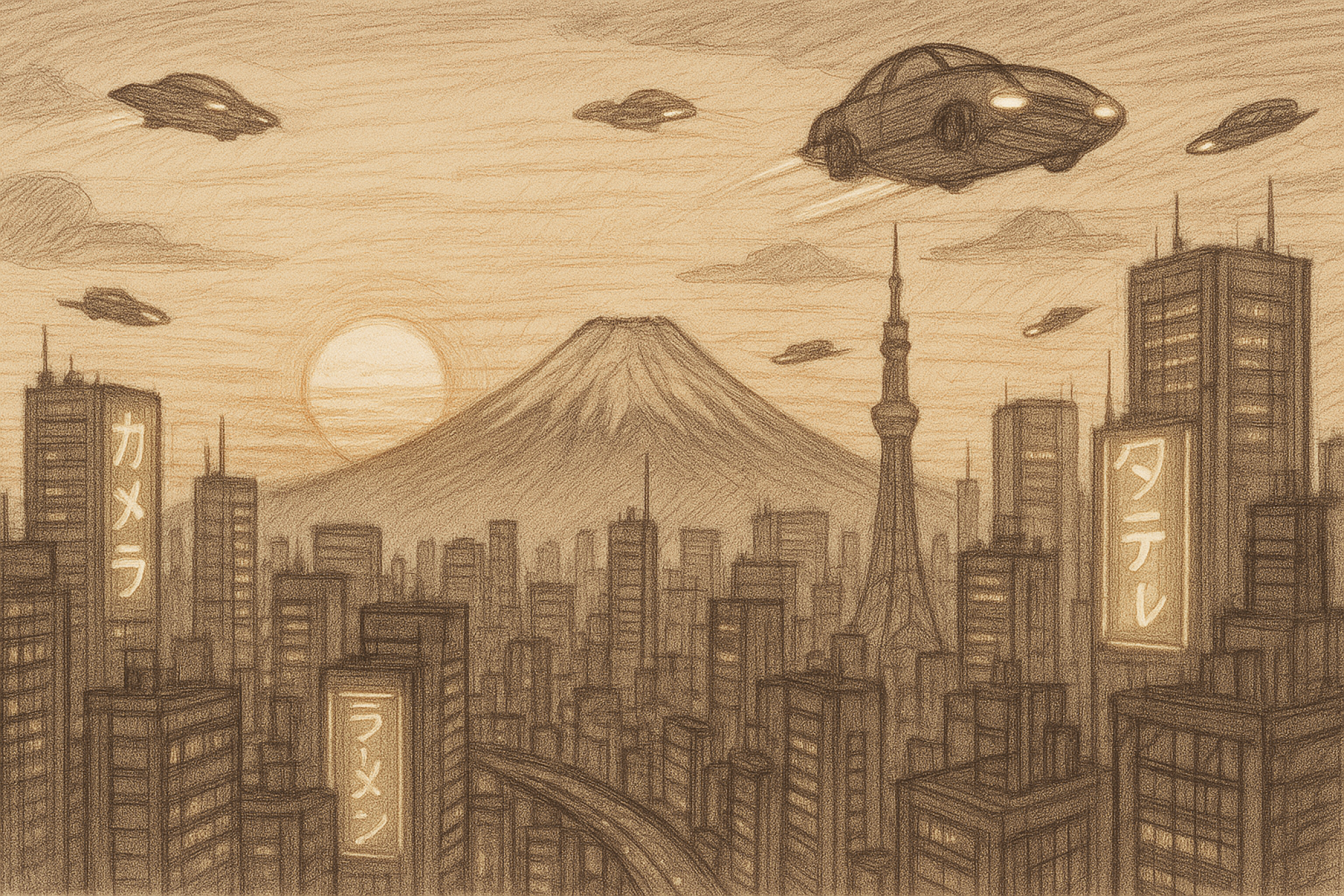 sketch of tokyo cityscape with flying cars - generated by ChatGPT