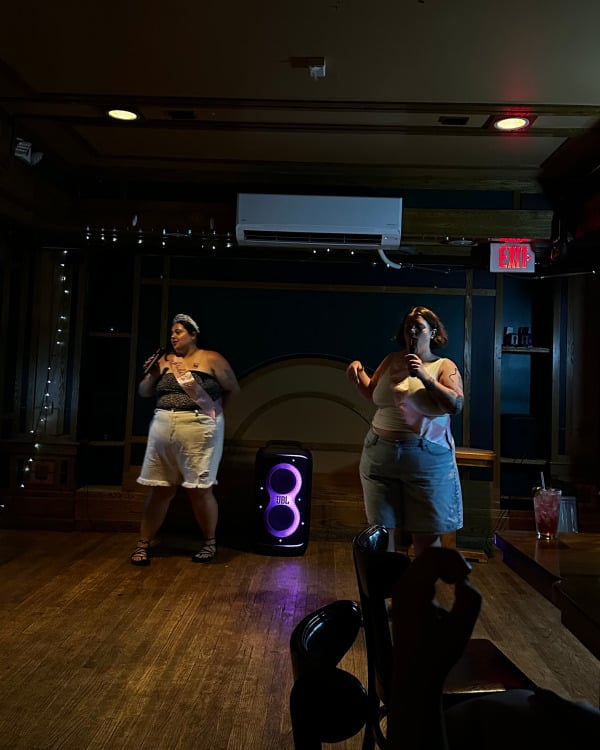 Two people in a dark room doing karaoke.