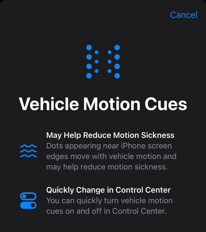 Apple Vehicle motion cues introduction menu