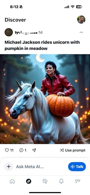screenshot from meta ai app showing ai-generated image of michael jackson on unicorn