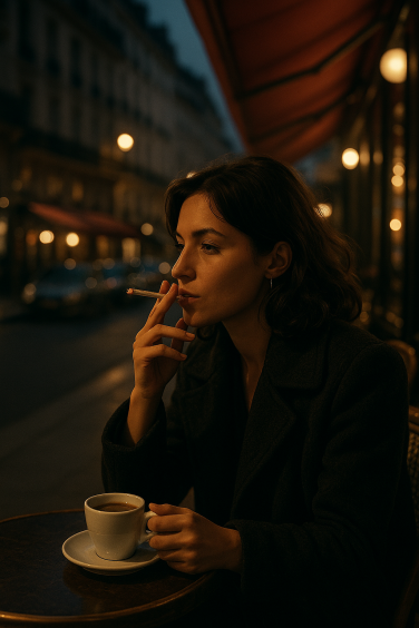 chatgpt-generated image of woman smoking cigarette in paris cafe