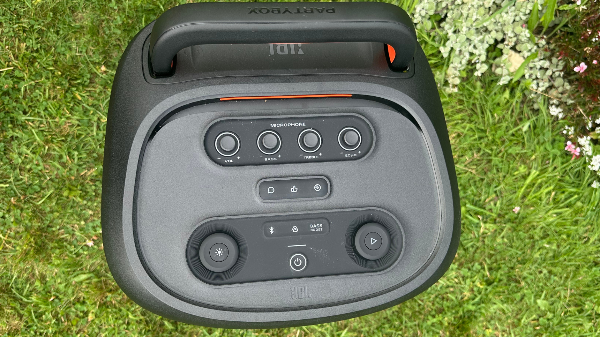 The top of a JBL PartyBox 520 showing its control pangel