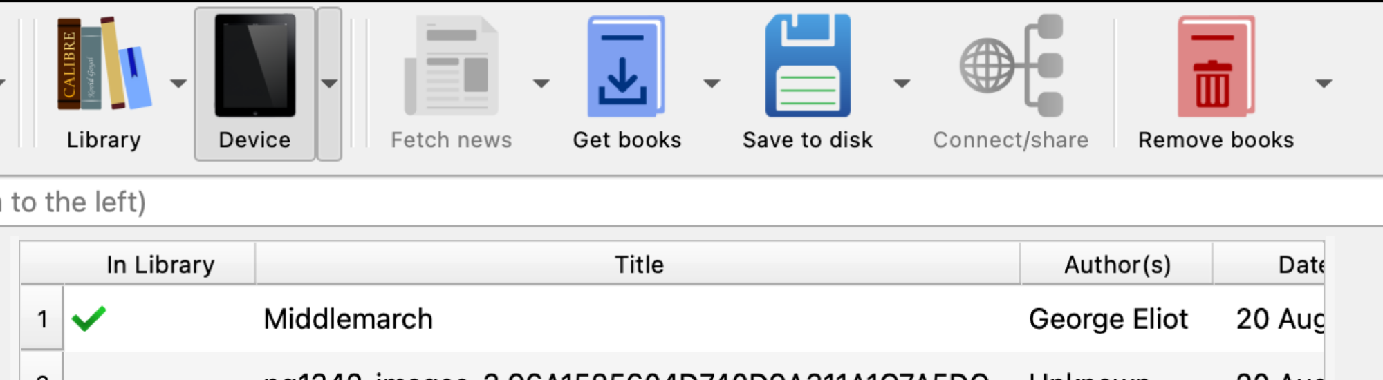 The Calibre tool bar showing the device icon.