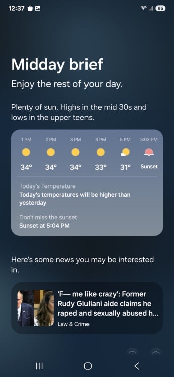 Samsung Galaxy S25 daily brief telling me the weather and showing me the news