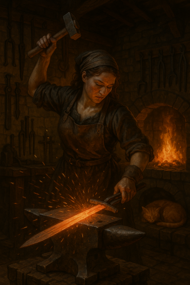 chatgpt-generated image of a woman blacksmith in workshop