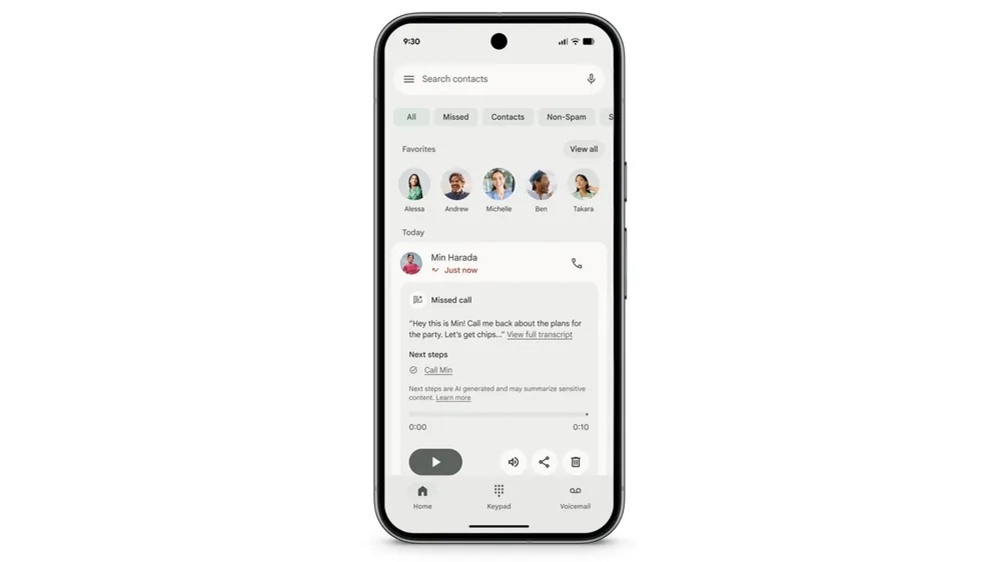 Google Pixel 10 screen showing a voicemail transcription and next steps in the call notes