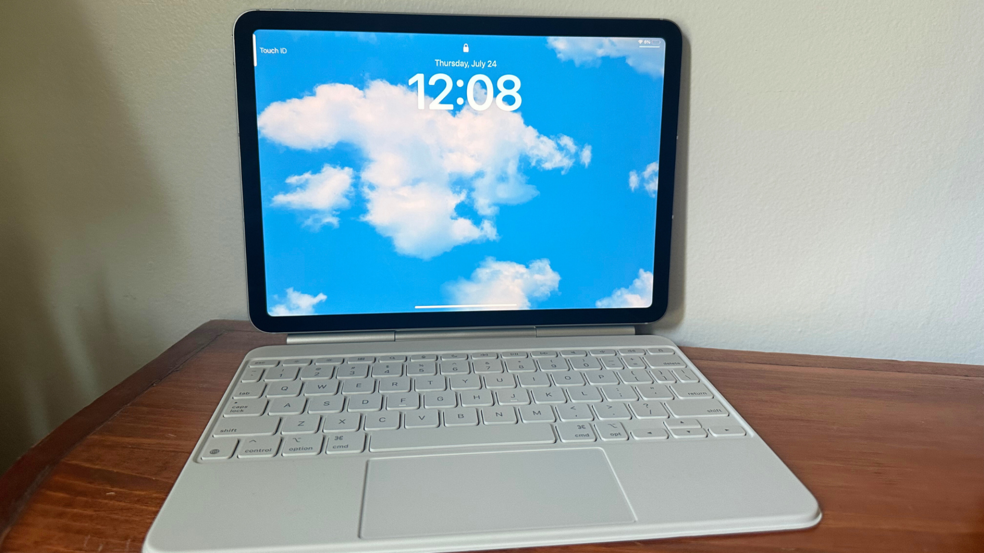 An iPad Air attached to a Magic Keyboard.