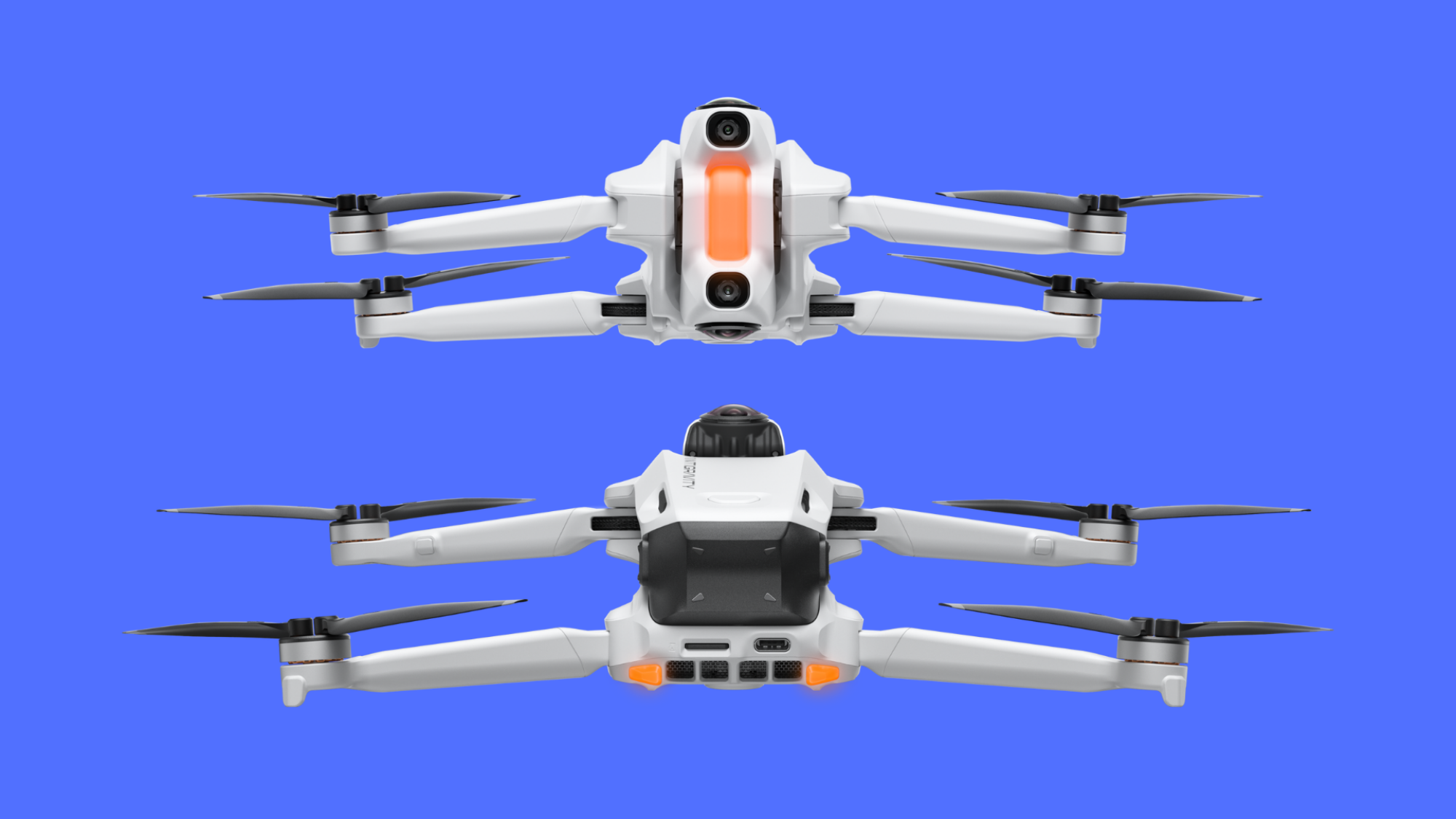 Two rendered images of the Antigravity A1 drone, showing it from the front and back.