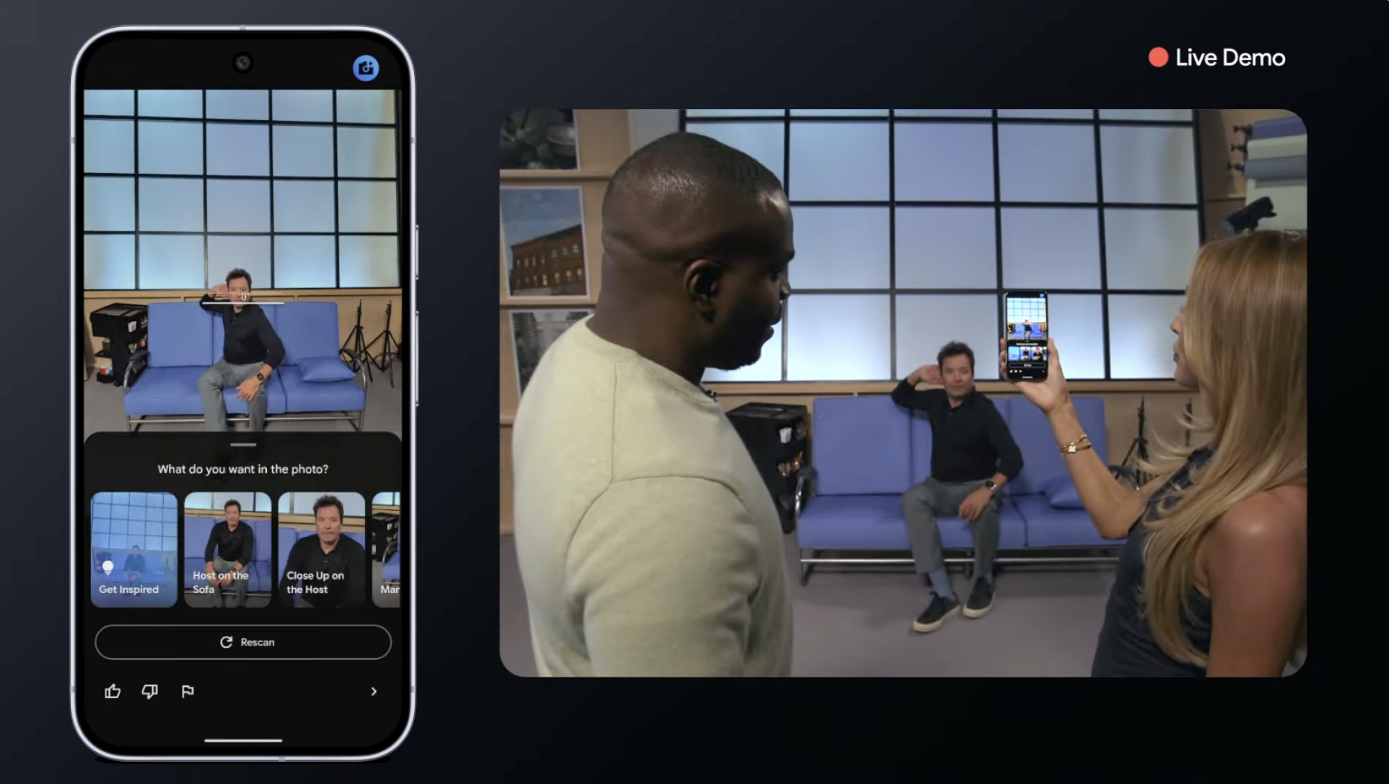 Two bystanders taking a photo of Jimmy Fallon who is posing on a couch