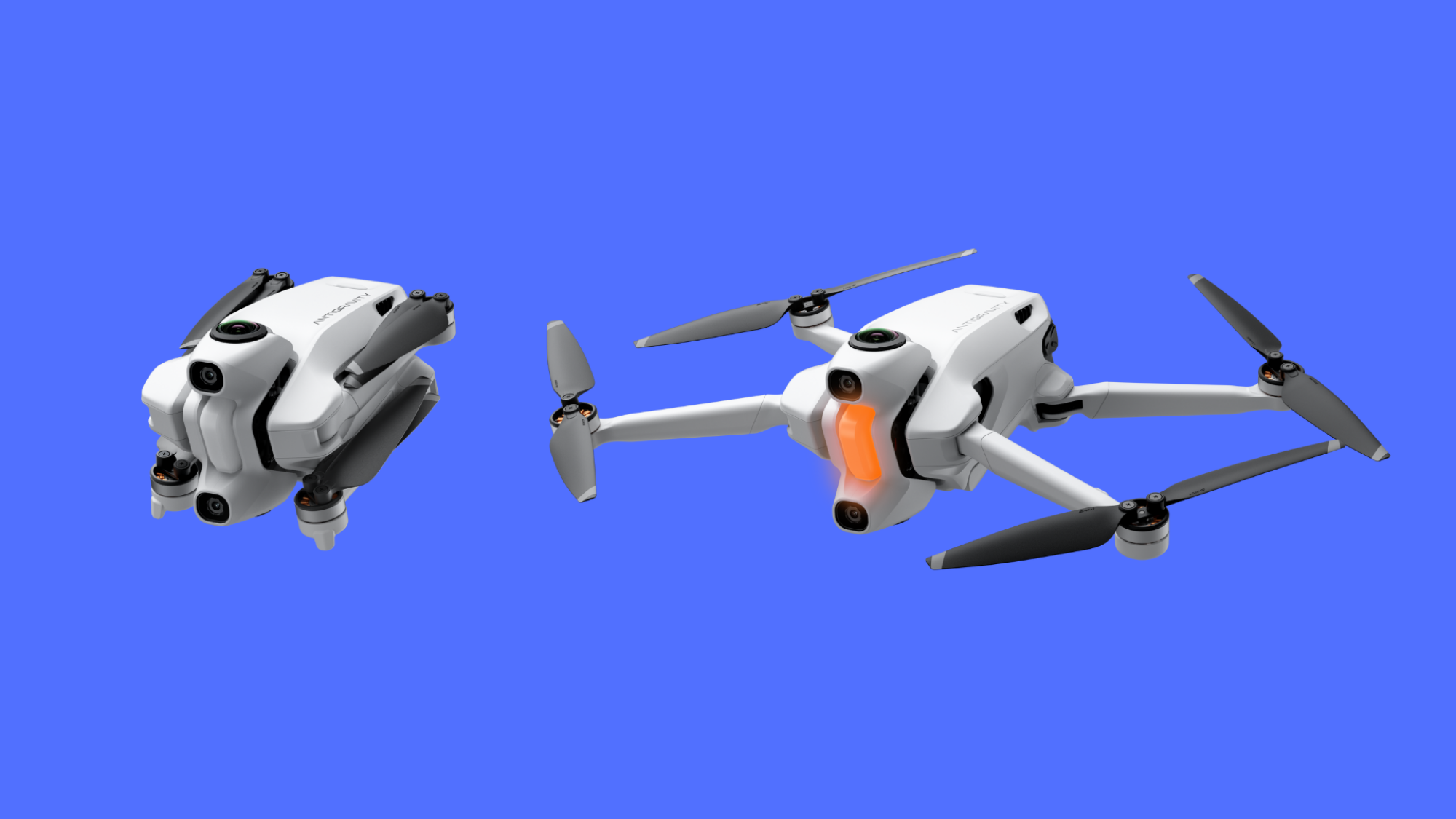 Two rendered images of the Antigravity A1 drone, showing its rotors compacted down and extended.