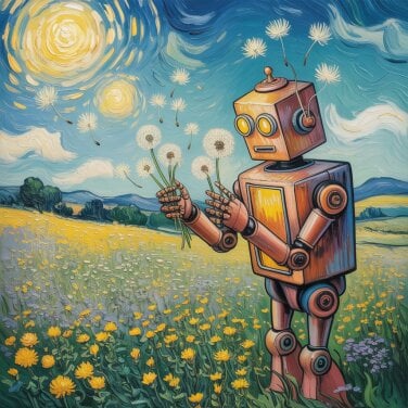 ideogram-generated illustration of robot blowing dandelion seeds