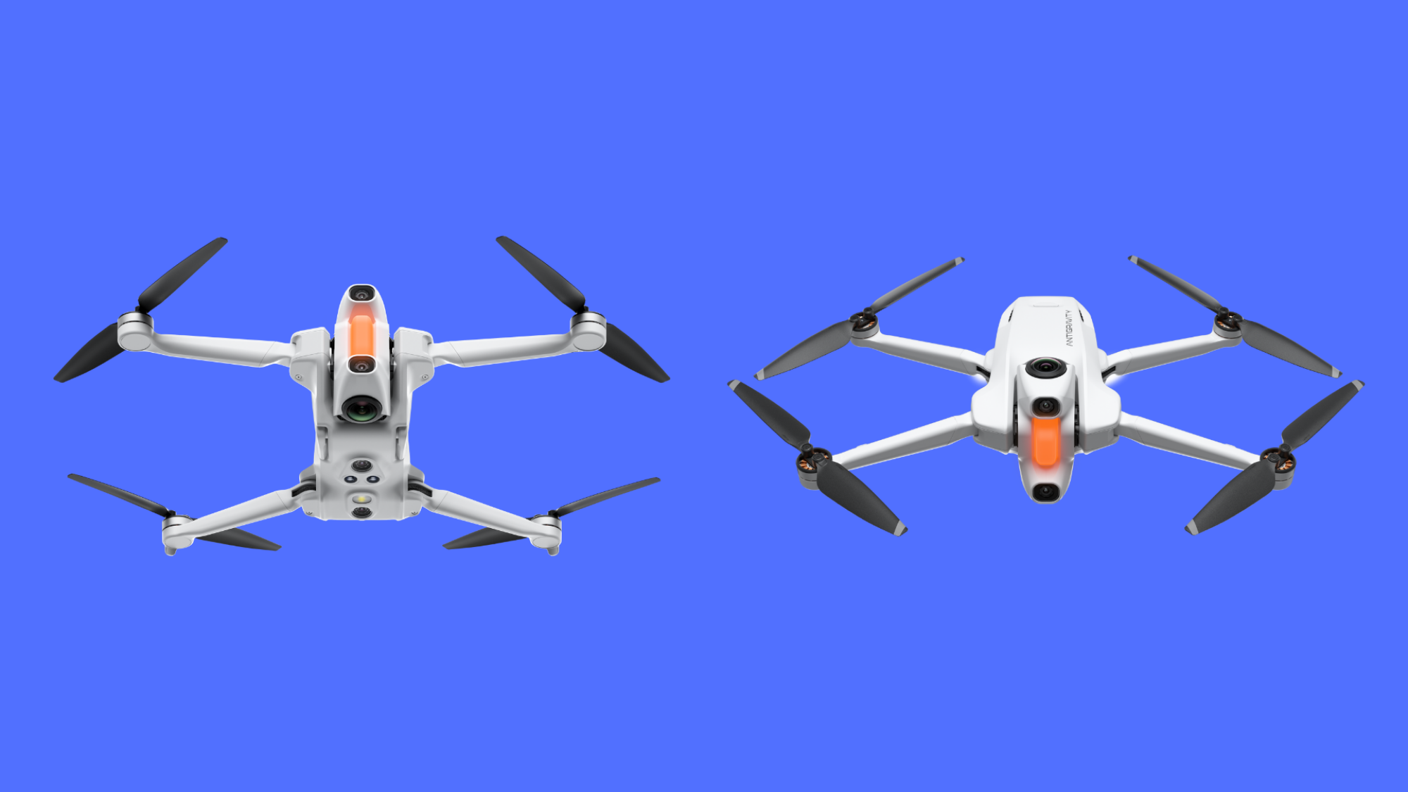 Two rendered images of the Antigravity A1 drone, showing it from the top and bottom.