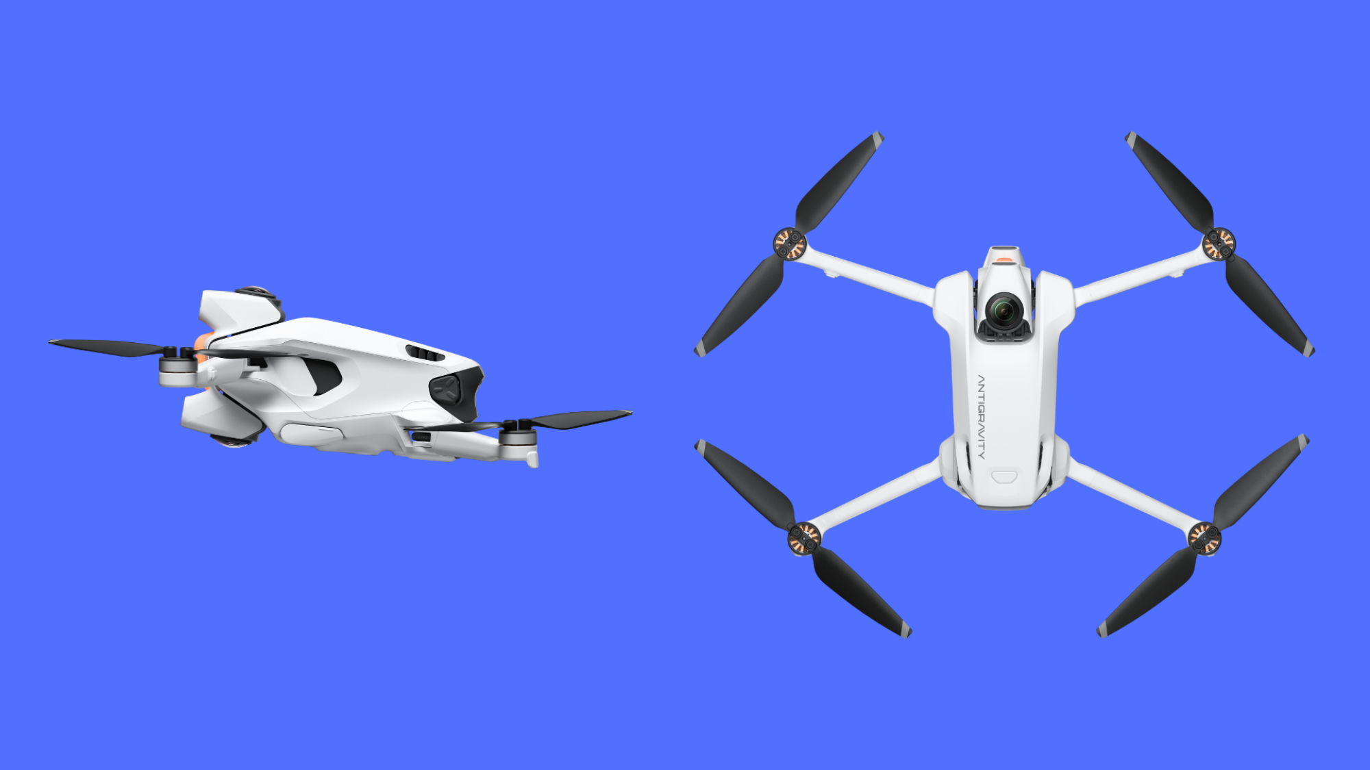 Two rendered images of the Antigravity A1 drone, showing it from the side and top.