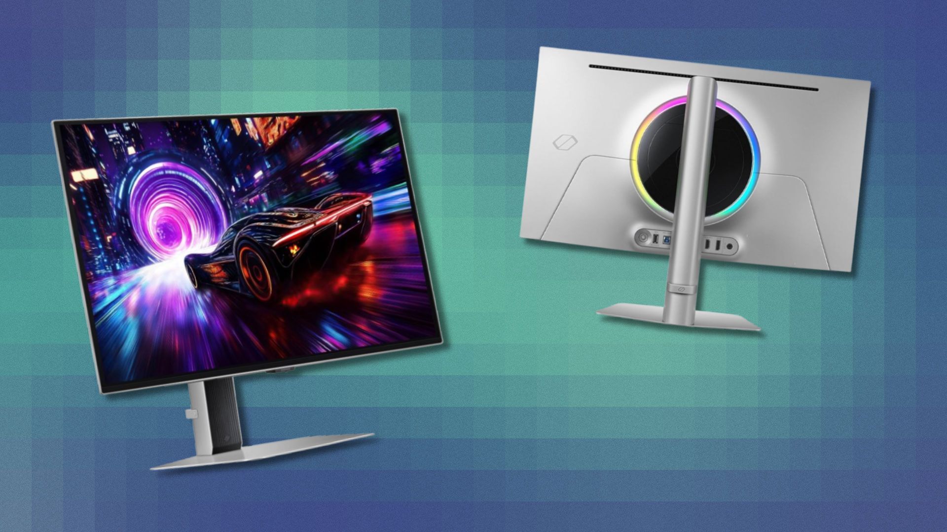the Samsung Odyssey G81SF gaming monitor on a blue and green pixelated background