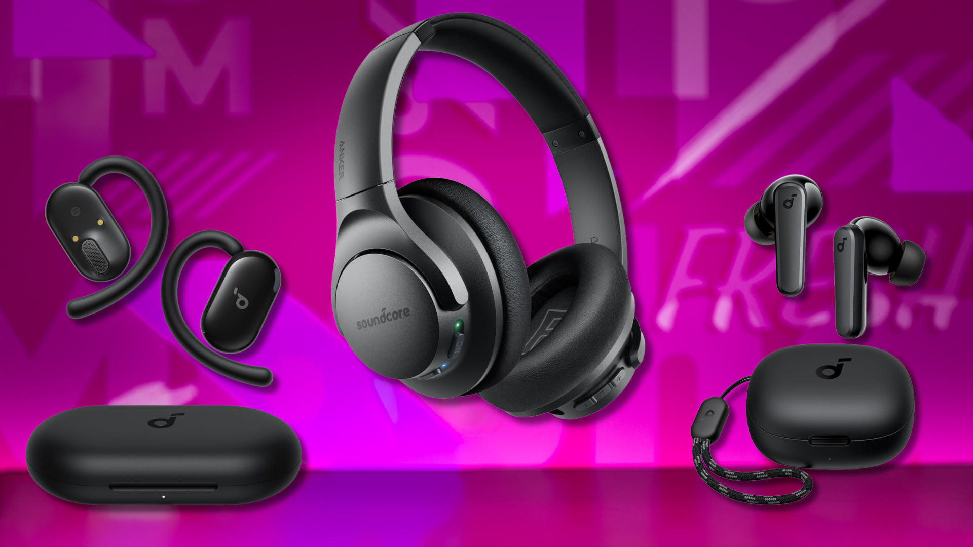 Three pairs of Soundcore headphones against a colorful background