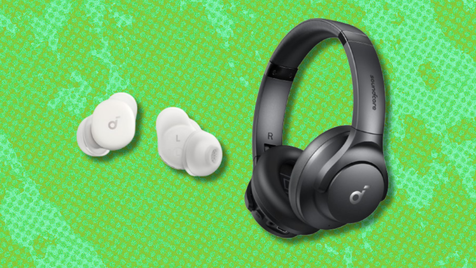 Anker Soundcore Sleep A30 earbuds and Q20i headphones with green background