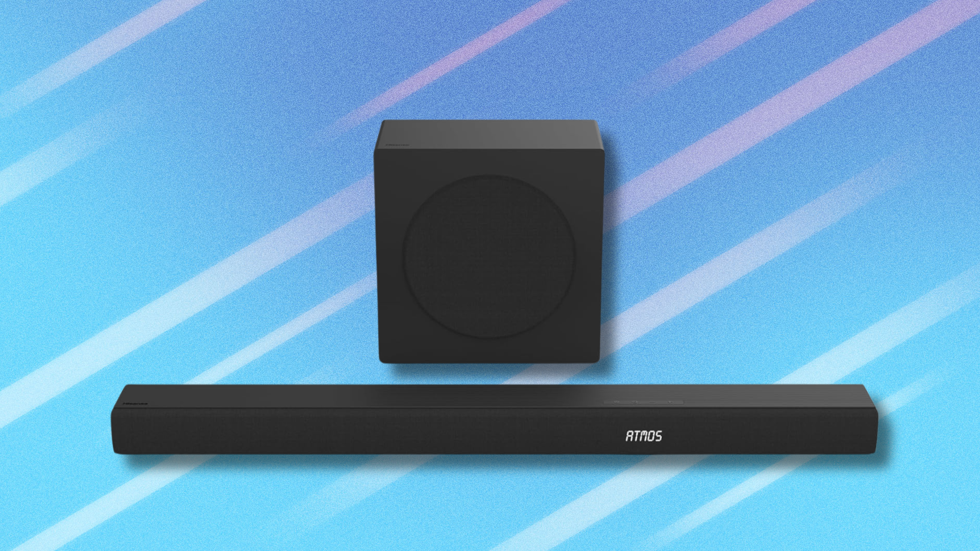 Hisense AX3100 Soundbar and Subwoofer on light blue abstract background