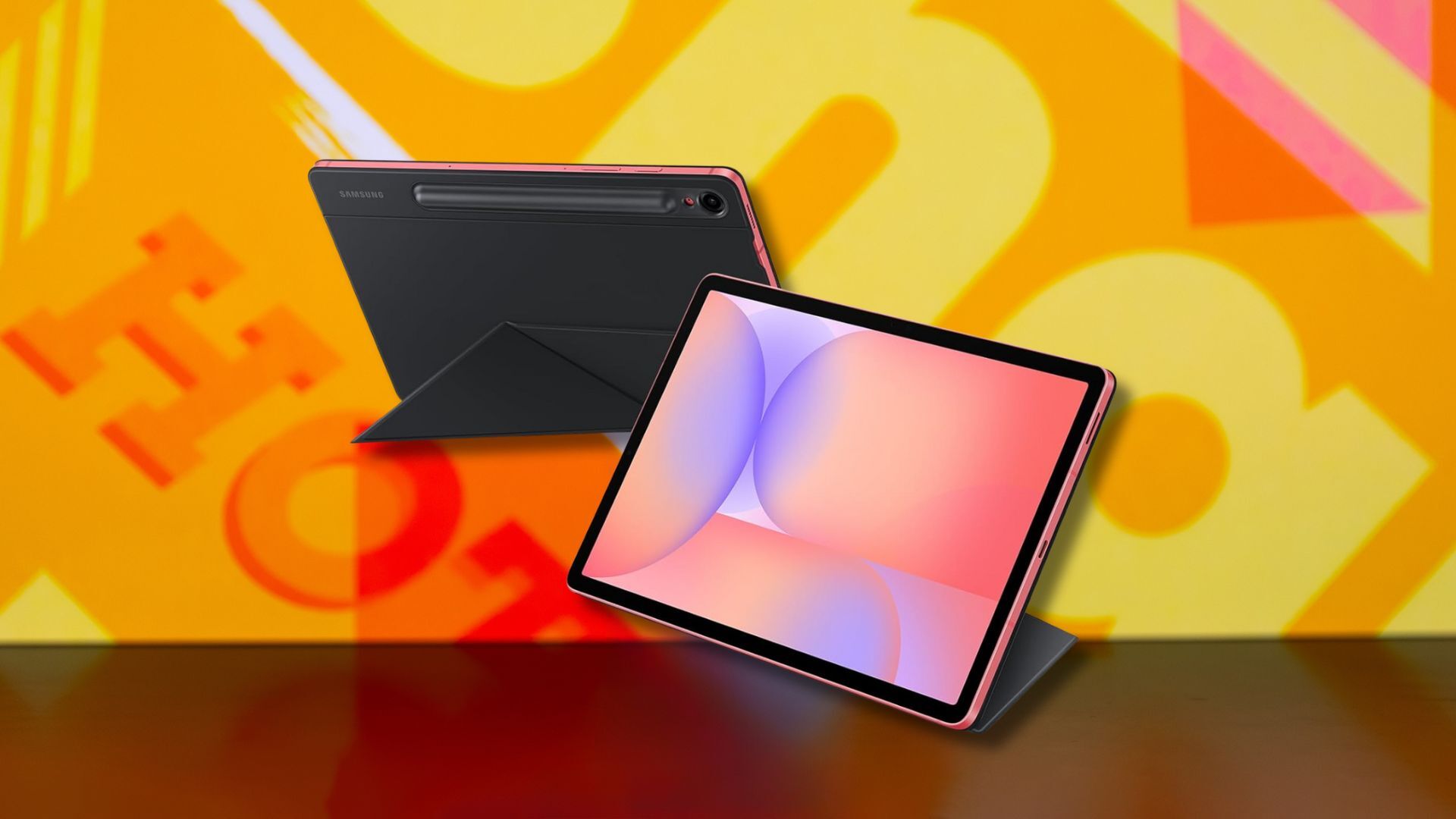 samsung galaxy tab s10 lite with smart book cover against a yellow patterned background