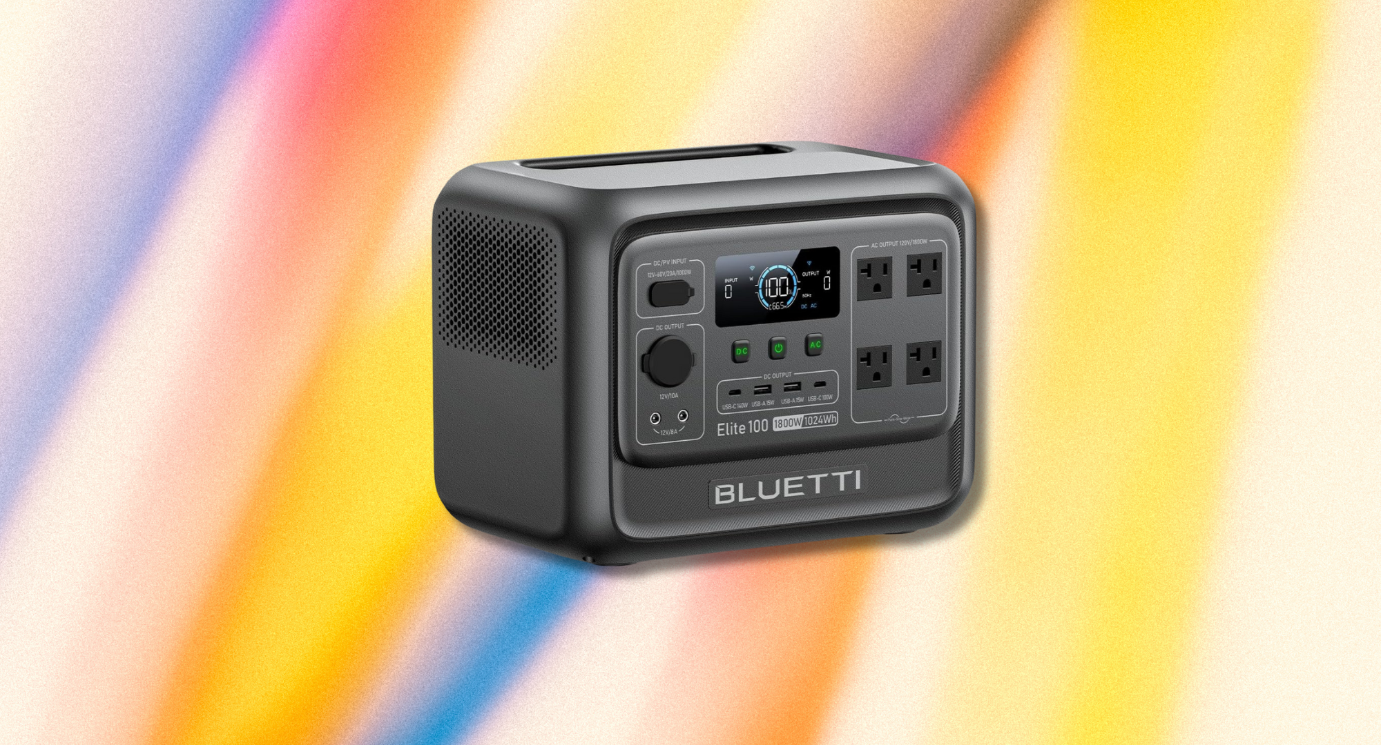 The Bluetti Elite 100 V2 solar generator against a colorful background.
