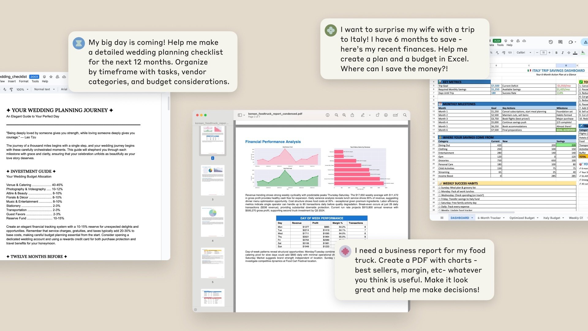Anthropic Claude composite of multiple examples of different file types created by the chatbot.